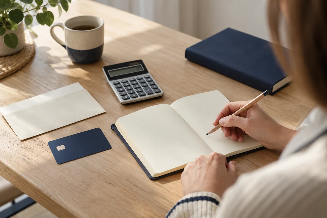 Notizbuch, Taschenrechner und Bankkarte bei der Haushaltsplanung